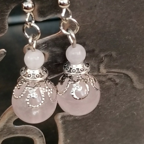 Victorian Lace Rose Quartz Gemstone Drop Earrings - Picture 1 of 4